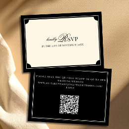 ヴィンテージ ブラック＆アイボリー オールドマネーQRコード ウェディング 出欠カード