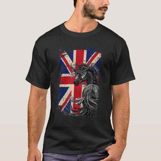 ヴィンテージ ブラック アボリジニ ホース 英国旗 馬 Tシャツ (正面)