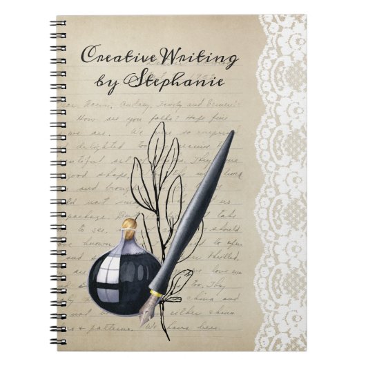 ヴィンテージ ブラック インクウェルとニブ ペン ノートブック (正面)