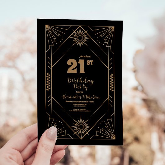 ヴィンテージ ブラック＆ゴールド アールデコ 21歳の誕生日 招待状