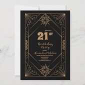 ヴィンテージ ブラック＆ゴールド アールデコ 21歳の誕生日 招待状 (正面)