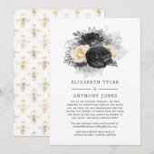 ヴィンテージ ブラック&ゴールド フラワー ビー ウェディング ゲスト 案内状 (正面/裏面)