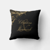 ヴィンテージ ブラック ゴールド フローラル ダマスク ネーム ウェディング クッション (裏面)