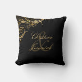 ヴィンテージ ブラック ゴールド フローラル ダマスク ネーム ウェディング クッション (正面)