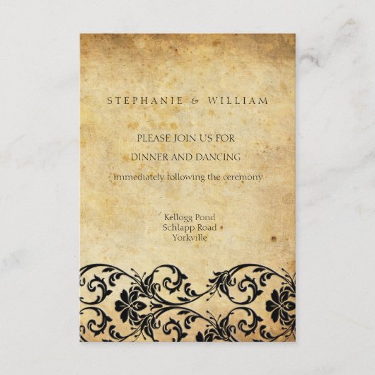 ヴィンテージ ブラック スワール ダマスク ウェディング レセプション カード (正面)