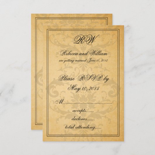 ヴィンテージ ブラック ダマスク ウェディング RSP カード (正面/裏面)