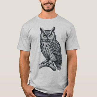 ヴィンテージ ブラック&ホワイトの彫刻フクロウのイラスト Tシャツ