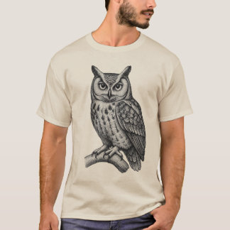 ヴィンテージ ブラック&ホワイトの彫刻フクロウのイラスト Tシャツ