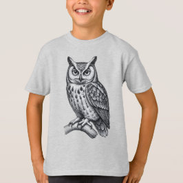 ヴィンテージ ブラック&ホワイトの彫刻フクロウイラスト Tシャツ
