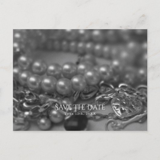 ヴィンテージ ブラック＆ホワイト エレガントパール セーブ・ザ・デート 案内ポストカード (正面)