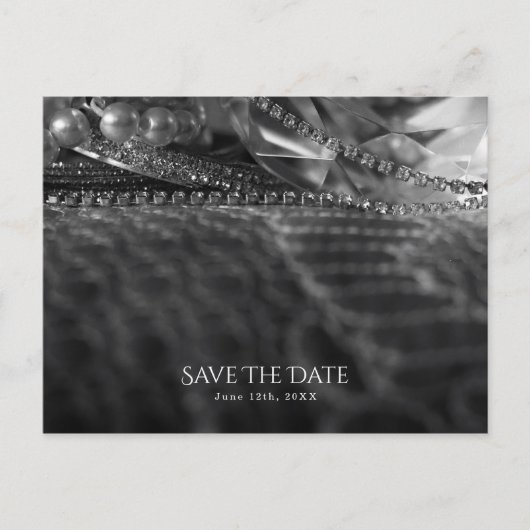 ヴィンテージ ブラック＆ホワイト エレガントパール セーブ・ザ・デート 案内ポストカード (正面)