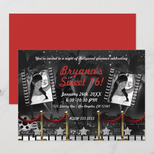 ヴィンテージ ブラック＆ホワイト ハリウッド レッドカーペット フォト 招待状 (正面/裏面)