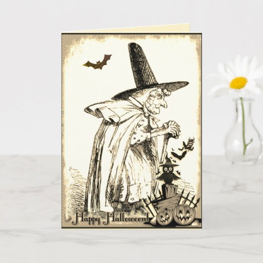 ヴィンテージ ブラック＆ホワイト ハロウィン 魔女カード カード (小さな植物)