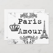 ヴィンテージ ブラック ホワイト パリ アムール エッフェル タワー ポストカード (正面/裏面)
