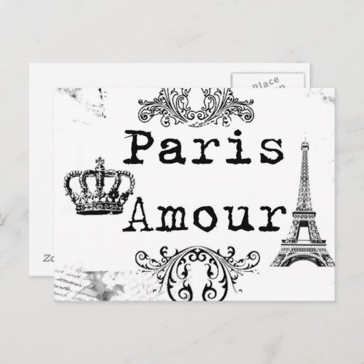 ヴィンテージ ブラック ホワイト パリ アムール エッフェル タワー ポストカード (正面/裏面)