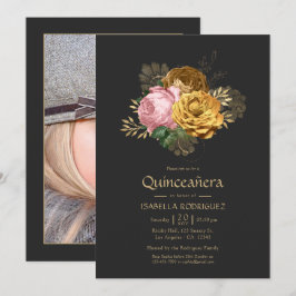 ヴィンテージ・ブラッシュ&ゴールド・フラワーのQuinceañeraフォト 招待状