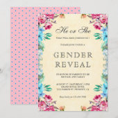 ヴィンテージ ブルーとピンクの花のジェンダー・リビール・パーティ 招待状 (正面/裏面)