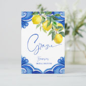 ヴィンテージ ブルーのタイルにレモン イタリアのウェディングシャワーのお祝い サンキューカード (スタンド正面)