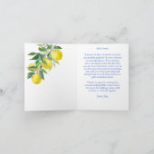 ヴィンテージ ブルーのタイルにレモン イタリアン ブライダル シャワー サンキューカード (内部)