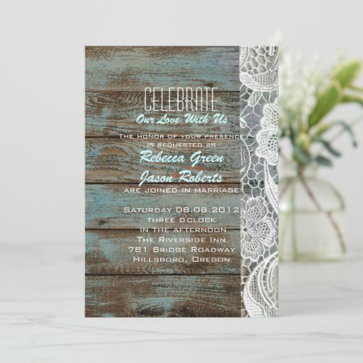 ヴィンテージ ブルーの納屋の木とレースのカントリーウェディング 招待状 (スタンド正面)