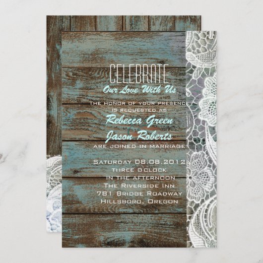 ヴィンテージ ブルーの納屋の木とレースのカントリーウェディング 招待状 (正面/裏面)
