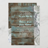 ヴィンテージ ブルーの納屋の木とレースのカントリー ウェディング 招待状 (正面/裏面)