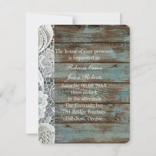 ヴィンテージ ブルーの納屋の木のレースのカントリー ウェディング 招待状 (裏面)