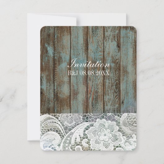 ヴィンテージ ブルーの納屋の木のレースのカントリー ウェディング 招待状 (正面)