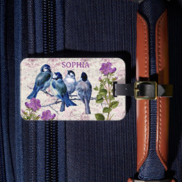 ヴィンテージ ブルーバード、パープルの花、ラベンダーの楽譜 ラゲッジタグ