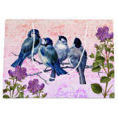 ヴィンテージ ブルーバード 花 ピンク/パープル 音楽 ラージペーパーバッグ (正面)