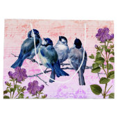 ヴィンテージ ブルーバード 花 ピンク/パープル 音楽 ラージペーパーバッグ (裏面)