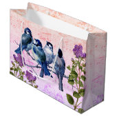 ヴィンテージ ブルーバード 花 ピンク/パープル 音楽 ラージペーパーバッグ (正面アングル)
