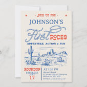 ヴィンテージ ブルー ウェスタン デザート ロデオ 1歳の誕生日 招待状 (正面)