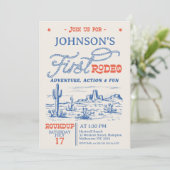 ヴィンテージ ブルー ウェスタン デザート ロデオ 1歳の誕生日 招待状 (スタンド正面)