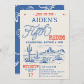 ヴィンテージ ブルー ウエスタン デザート ロデオ 5歳の誕生日 招待状 (正面/裏面)
