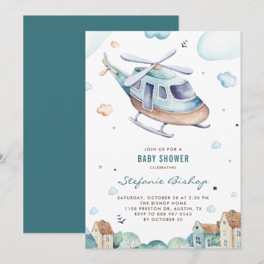 ヴィンテージ ブルー ウォーターカラー ヘリコプター 男の子 ベビーシャワー 招待状 (正面/裏面)