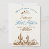 ヴィンテージ ブルー カウボーイ ファースト ロデオ 1歳の誕生日 招待状 (正面)