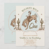 ヴィンテージ ブルー グリーン バッカルー ウエスタン 1歳の誕生日 招待状 (正面/裏面)