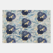 ヴィンテージ ブルー ゴールド フローラル ダマスク パターン ラッピングペーパーシート (正面)
