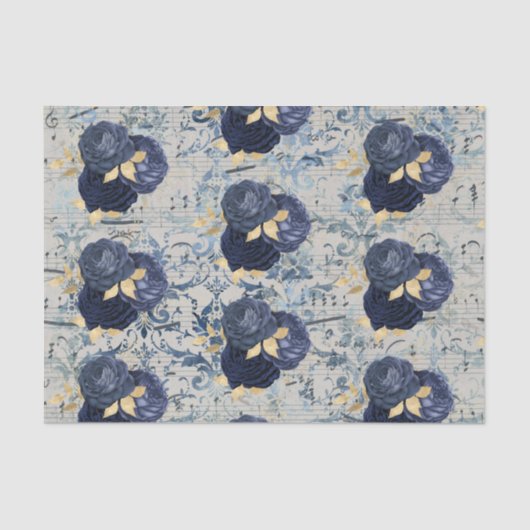 ヴィンテージ ブルー ゴールド フローラル ダマスク パターン 薄葉紙 (正面)