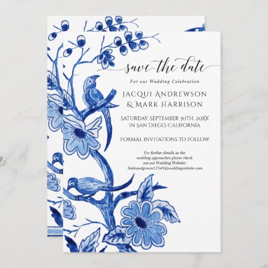 ヴィンテージ ブルー シノワズリー フラワーの「Save the Date」 セーブザデート (正面/裏面)