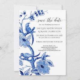 ヴィンテージ ブルー シノワズリー フラワーの「Save the Date」 セーブザデート