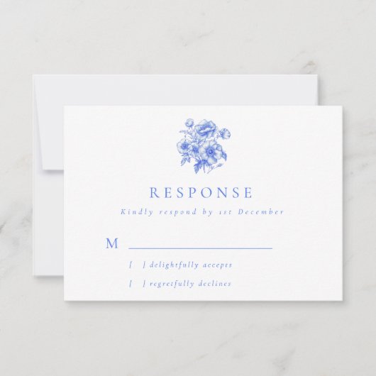 ヴィンテージ ブルー シノワズリー フラワー ウェディング 出欠カード (正面)