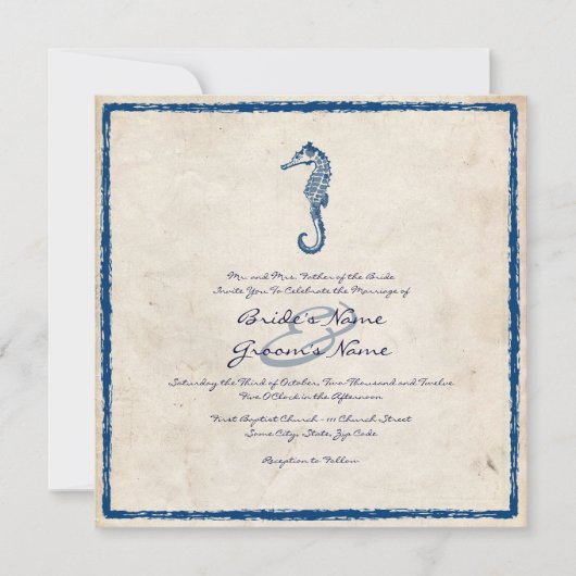 ヴィンテージ ブルー シーホース ビーチ ウェディング 招待状 (正面)