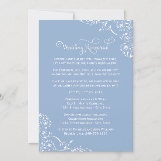 ヴィンテージ ブルー スクロール 結婚式リハーサルとディナー 招待状 (正面)