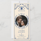 ヴィンテージ ブルー タロット カード フォト セーブ ザ デート (正面)