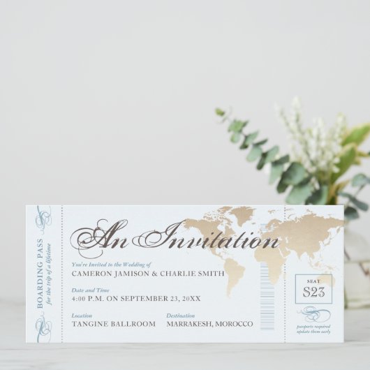 ヴィンテージ ブルー タン 旅行目的地の搭乗券 招待状 (スタンド正面)