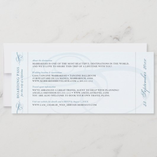 ヴィンテージ ブルー タン 旅行目的地の搭乗券 招待状 (裏面)