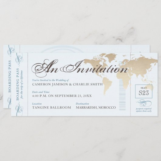 ヴィンテージ ブルー タン 旅行目的地の搭乗券 招待状 (正面/裏面)