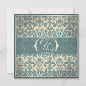 ヴィンテージ ブルー ダマスク セーブ・ザ・デート カード (裏面)